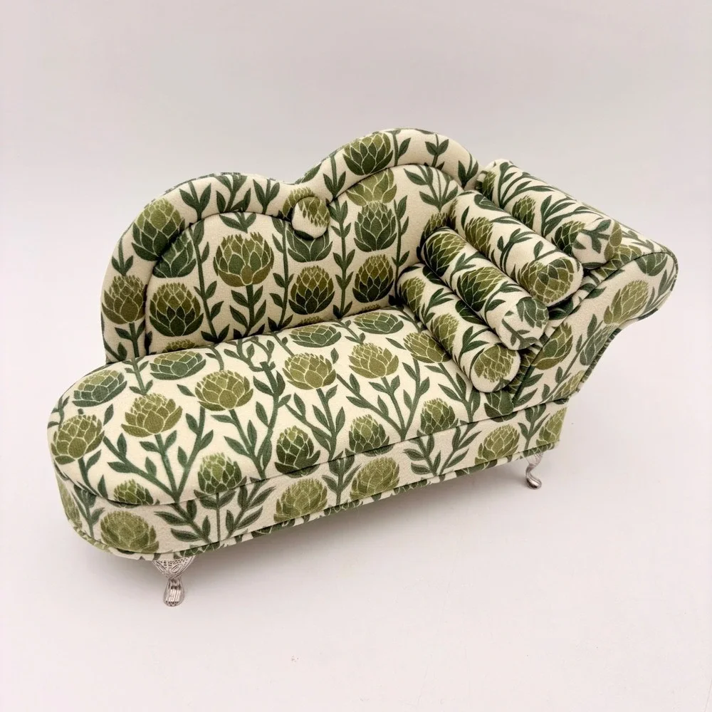 Vintage Style Mini Chaise Lounge Jewelry Box Green Artichoke Botanical Print